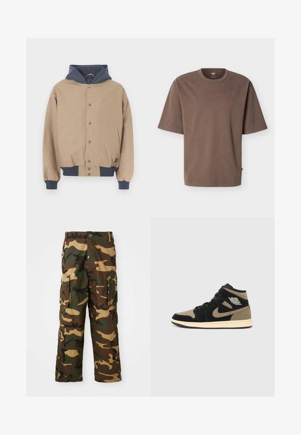 Veste beige avec une capuche bleu marine, fermeture à boutons-pression devant et poignets côtelés. Comprend deux poches latérales et une coupe décontractée.; T-shirt ample en coton marron à manches courtes, col rond, avec une petite étiquette rouge Levi's sur la couture latérale.; Pantalons cargo camouflage en vert, marron et beige. Dotés de deux grandes poches latérales et d'une fermeture à bouton. Fabriqués en tissu texturé.; Baskets montantes en daim noir et beige, avec embout perforé, semelle intermédiaire beige, lacets noirs et logo argenté sur le côté.