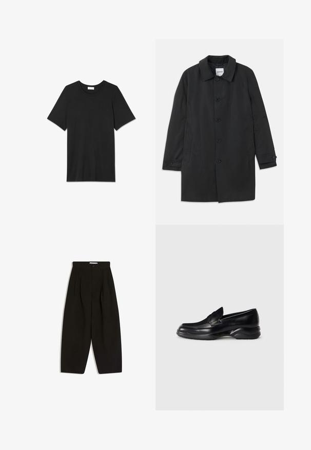 Schwarzer Mantel aus glattem Stoff, mit klassischem Kragen und sechs Knöpfen. Verfügt über seitliche Taschen und knöpfbare Manschetten.; Schwarzes Baumwoll-T-Shirt mit kurzen Ärmeln, rundem Halsausschnitt und glatter Textur. Keine Muster oder Verzierungen. Einfaches und klassisches Design.; Schwarze, weit geschnittene Hosen aus weichem Stoff, mit plissiertem Vorderteil, Knopfverschluss und Seitentaschen für zusätzliche Funktionalität.; Schwarze Lederloafer mit einer niedrigen, strukturierten Gummisohle und einem gestickten Design auf dem Obermaterial. Sie haben eine abgerundete Zehenpartie und minimalen Verzierungen.