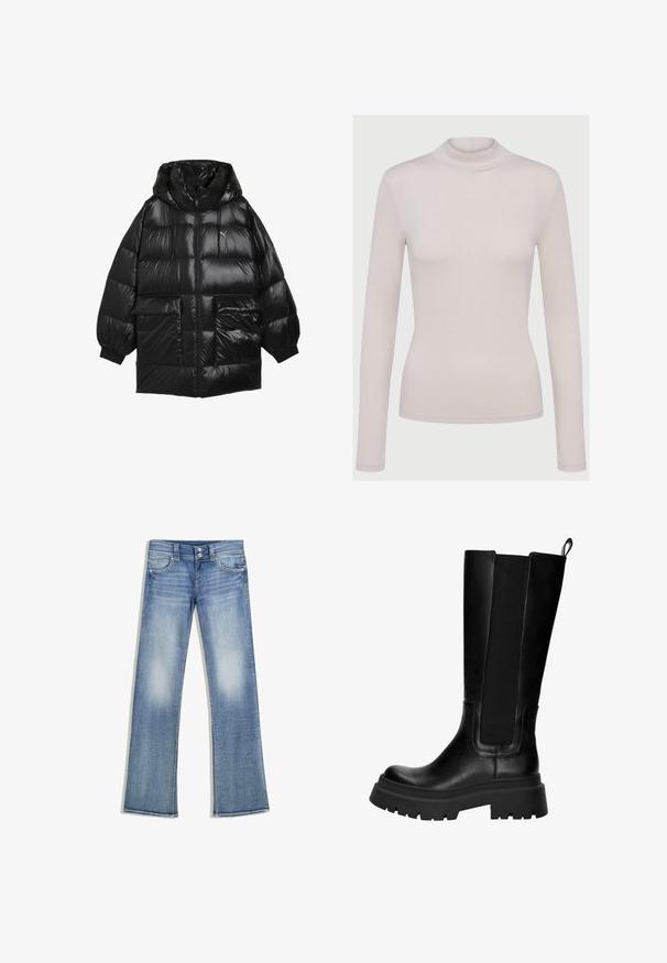 Sort pufferjakke med hætte, shiny nylonmateriale, oversized pasform, ribbede manchetter, lynlås lukning og to frontlommer.; Lys beige langærmet turtleneck-top lavet af et blødt, strækbart materiale. Tætsiddende design med ribbet tekstur og standardmanchetter.; Lyseblå bootcut-jeans med falmet vask, fem lommer, bæltestropper og lukning med dobbelte knapper, lagt fladt ud på en hvid baggrund.; Knæhøje, sorte læderstøvler med elastiske sidepaneler, robust gummisål og en kraftig hæl. Glat tekstur med minimale syninger.