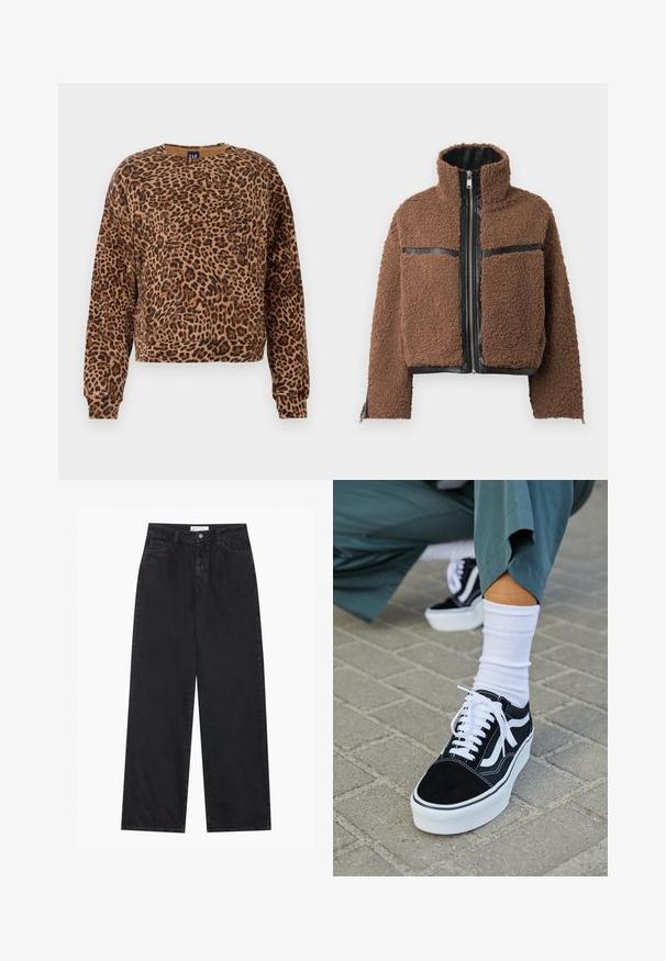 Bruine fleecejack met een hoge kraag, voorzien van zwarte leren accenten en ritszakken. Gestructureerd oppervlak en kort design.; Sweater met luipaardprint in bruin- en zwarttinten. Gemaakt van een zachte stof, met een ronde halslijn en lange mouwen met geribbelde manchetten.; Zwarte high-waisted spijkerbroek met wijde pijpen, frontknopen en ritssluiting, ceintuurlussen en een vijf-pocket stijl.; Zwarte suède sneaker met witte accenten en veters, uitgerust met een dikke witte zool en contrasterende stiksels, gecombineerd met een witte sok.