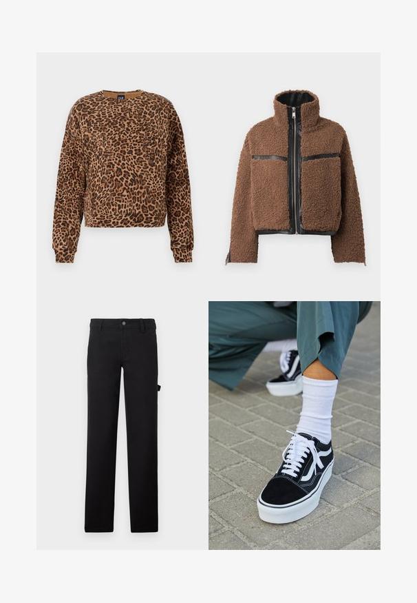 Bruine fleecejack met een hoge kraag, voorzien van zwarte leren accenten en ritszakken. Gestructureerd oppervlak en kort design.; Sweater met luipaardprint in bruin- en zwarttinten. Gemaakt van een zachte stof, met een ronde halslijn en lange mouwen met geribbelde manchetten.; Zwarte broek van stof met een gladde textuur, ontworpen met rechte pijpen, een knoopsluiting en een zijzak.; Zwarte suède sneaker met witte accenten en veters, uitgerust met een dikke witte zool en contrasterende stiksels, gecombineerd met een witte sok.