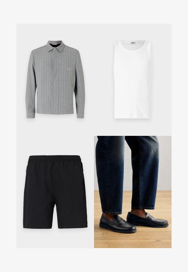 Grijs gestreepte jas met een knoopsluiting aan de voorkant, klassieke kraag en zijzakken. Beschikt over subtiele stiksels en een textuurstof.; Witte katoenen mouwloze tanktop met een ronde halslijn en een gladde textuur. Eenvoudig ontwerp, geen patronen of accenten.; Zwarte zwembroek gemaakt van textuurstof, met een elastische tailleband en zijzakken, met een loose-fit ontwerp.; Zwarte leren instappers met gestikte details en textuurelementen, gedragen met donkerdenim, die een casual en gestroomlijnd ontwerp tonen.