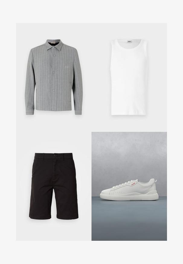 Chaqueta gris a rayas con cierre de botones en la parte delantera, cuello clásico y bolsillos laterales. Presenta un sutil detalle de costura y una tela texturizada.; Camiseta sin mangas de algodón blanco con cuello redondo y una textura suave. Diseño sencillo, sin patrones ni acentos.; Shorts negros fabricados con un tejido ligero, con cierre de botón en la parte delantera, pasadores para cinturón, bolsillos laterales y un corte recto con dobladillos enrollados.; Zapatilla blanca con un acabado de cuero liso, punta redonda, cuatro ojales, perforaciones sutiles y un detalle de logo rojo en el lateral.