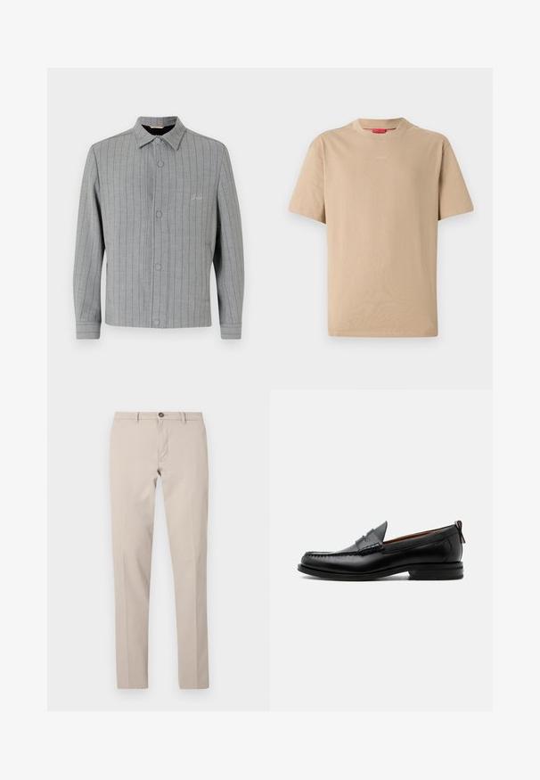 Gråstribet jakke med knaplukning foran, klassisk krave og sidelommer. Har diskret syningsdetalje og struktureret stof.; Beige bomulds T-shirt med korte ærmer, rund halsudskæring og subtilt "HUGO" logo i midten. Glat overflade, afslappet pasform.; Beige, smalle bukser med bæltestropper, knaplukning og frontlynlås, vist fladt mod en hvid baggrund.; Sort læder herre loafer med moc-tå syning, penny strop, struktureret krave og lav stablet hæl på hvid baggrund.