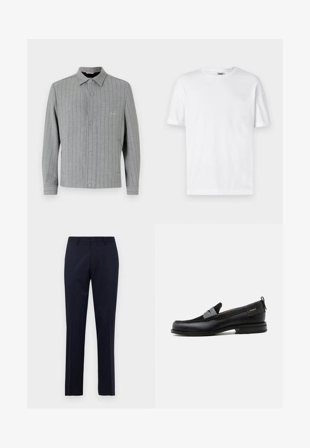 Veste rayée grise avec un devant à bouton, col classique et poches latérales. Apporte des détails de couture subtils et un tissu texturé.; T-shirt en coton blanc avec un col rond, des manches courtes et des revers roulés ; design sobre, texture douce et coupe droite.; Pantalons formels ajustés bleu marine avec passants de ceinture et plis repassés, présentés sur fond blanc uni.; Mocassin en cuir noir avec détail de bride grise, talon bas et semelle texturée, marqué "HUGO" en or sur le côté.