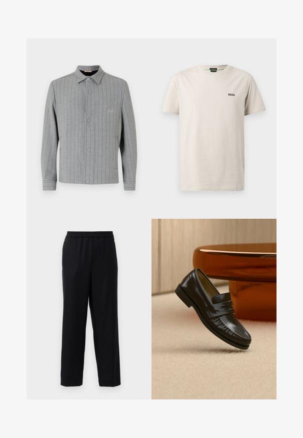 Veste rayée grise avec un devant à bouton, col classique et poches latérales. Apporte des détails de couture subtils et un tissu texturé.; T-shirt en coton beige clair avec col rond, manches courtes et un petit logo noir "BOSS" sur la poitrine gauche. Texture lisse.; Pantalons noirs avec une taille élastique, design à jambes droites et un tissu lisse et léger. Pas de poches visibles ni de motifs.; Mocassin en cuir noir brillant avec un détail de bride, posé sur un tapis beige près d'une table basse ronde en bois brun dans une pièce doucement éclairée.