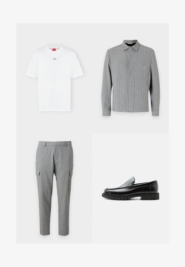 Gråstribet jakke med knaplukning foran, klassisk krave og sidelommer. Har diskret syningsdetalje og struktureret stof.; Hvid T-shirt med korte ærmer med lille sort "HUGO" logo centreret på brystet og et rødt mærke inde i kraven.; Grå cargo-bukser lavet af struktureret stof, med sidelommer, en lige pasform og en mellemhøj talje. Pæne syninger og ingen synlige mønstre.; Sort læderloafer med chunky gummisål, syet overdel og præget mærkenavn på hælen, vist i sideprofil på hvid baggrund.