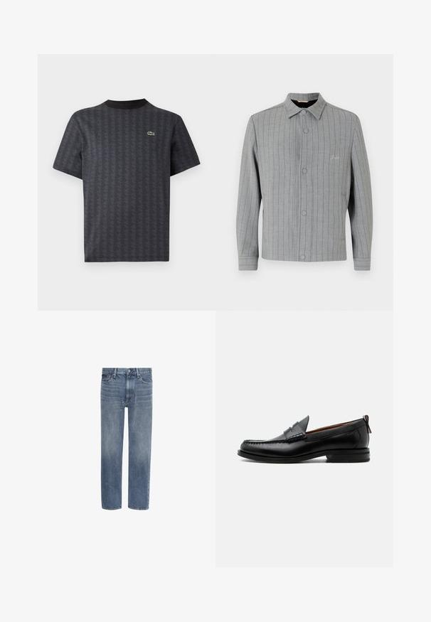 Grijs gestreepte jas met een knoopsluiting aan de voorkant, klassieke kraag en zijzakken. Beschikt over subtiele stiksels en een textuurstof.; Zwarte korte mouwen t-shirt met een geometrisch patroon en een groene krokodillenlogo, met een effen zwarte ronde hals.; Blauwe spijkerbroek met rechte pijpen, voorzakken, riemlussen en een knoopsluiting.; Zwarte leren herensloffen met moc toe stiksel, pennyriem, gestructureerde kraag en lage gestapelde hak op witte achtergrond.