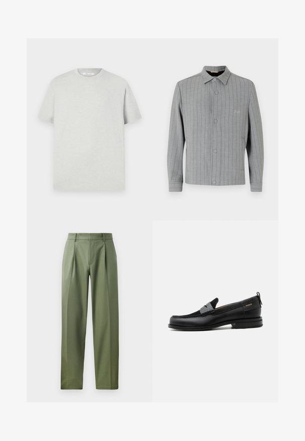 Veste rayée grise avec un devant à bouton, col classique et poches latérales. Apporte des détails de couture subtils et un tissu texturé.; T-shirt à manches courtes gris clair en matière douce, avec un col rond et une coupe décontractée, sans motifs ni accents visibles.; Pantalons sur mesure en tissu vert olive avec une texture lisse, présentant deux plis avant, des passants de ceinture et une coupe droite.; Mocassin en cuir noir avec détail de bride grise, talon bas et semelle texturée, marqué "HUGO" en or sur le côté.