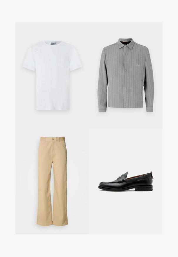 Grau gestreifter Blazer mit durchgehender Knopfleiste, klassischem Kragen und seitlichen Taschen. Besitzt dezente Nähdetails und strukturierter Stoff.; Weißes Baumwoll-T-Shirt mit kurzen Ärmeln, Rundhalsausschnitt und einer kleinen Brusttasche. Weicher Stoff und minimalistisches Design.; Beige, weit geschnittene Hosen aus einer Baumwollmischung. Mit einem Knopfverschluss und Gürtelschlaufen. Glatte Textur mit minimalen Nähten.; Schwarzer Leder-Herrenschuh mit Mokassinnaht, Penny-Riemen, strukturiertem Kragen und niedrigem gestapeltem Absatz auf weißem Hintergrund.