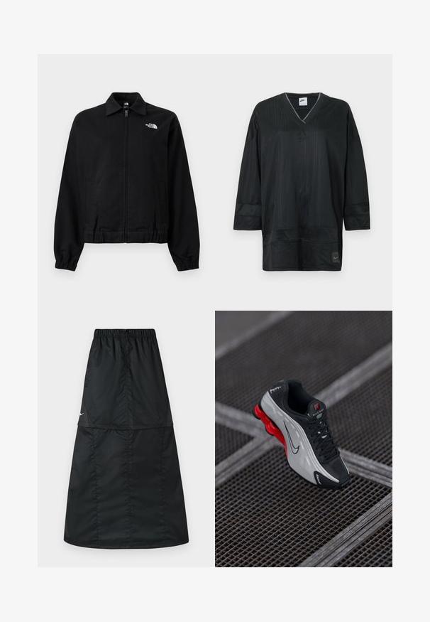 Schwarze Jacke mit Reißverschluss, elastischen Bündchen und Bund, Kragen, Seitentaschen und weißem "The North Face"-Logo auf der oberen linken Brust.; Schwarzes Nike Kurzarm-Jersey mit V-Ausschnitt, vertikaler Rippenstruktur, gesteppten Akzenten und einem Logo auf der linken Brustseite. Leichtes Material.; Schwarzer sportlicher Rock aus leichtem, glattem Nylonstoff. Verfügt über einen elastischen Bund und ein schlichtes, langes, A-förmiges Design.; Schwarzer und grauer Sportschuh mit roter gepolsterter Sohle, schwarzen Schnürsenkeln und Swoosh-Logo, das auf einer Metallgitteroberfläche ruht.