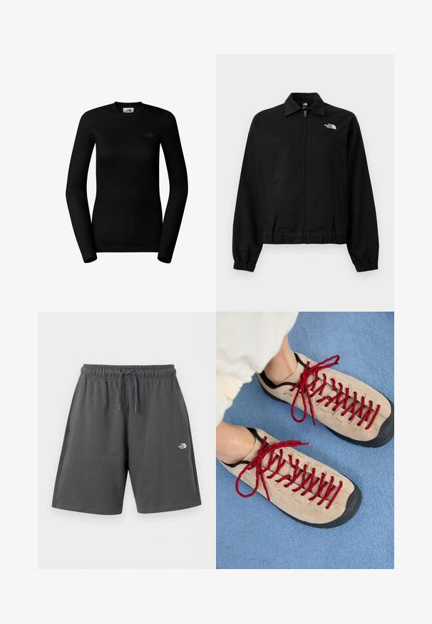 Sort lynlåsjakke med elastiske manchetter og talje, krave, sidelommer og hvid "The North Face"-logo på øverste venstre bryst.; The North Face W EASY L/S CREW NECK - Langærmet T-shirt - tnf black; Mørkegrå atletikshorts med elastisk talje og snøre, med lille hvid "The North Face"-logo på højre lår.; Beige sko med røde snørebånd, placeret på en blå tekstureret overflade, delvist synliggørende en persons ankel. Skoene har et sporty design.