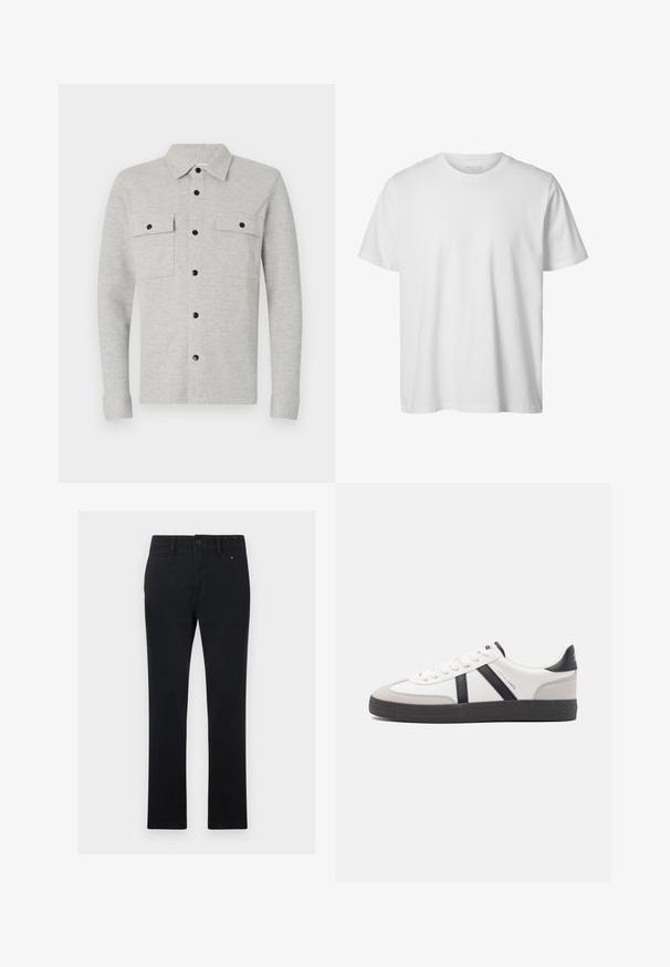 Lys grå skjorte med knapper og to brystlommer, sorte knapper og klassisk krave. Blødt stof med lange ærmer og manchetter.; Enkelt hvid T-shirt med korte ærmer og rund hals, løs pasform og uden synlige logoer eller designs foran.; Sorte bomuldsbukser med lige snit, der har knap- og lynlåsclosure, fem lommer og diskrete syninger.; Hvide sneakers med sorte og grå detaljer, med en tekstureret grå tåhætte, sort gummisål og flade hvide snørebånd. Rent design, minimalistisk stil.