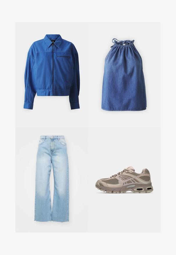 Blauwe spijkerjack met een ritssluiting aan de voorkant, een overhemdkraag en lange mouwen. Bevat een borstzak en stiknaadtoepassingen. Gladde textuur.; Denim haltertop met een geplooide halslijn, verstelbare strikken en een losse pasvorm. Beschikt over een middelblauwe kleur en een gladde textuur.; Lichtblauwe wijde spijkerbroeken van denim, met een hoge taille, vervaagde details, een knoopsluiting en een ruwe zoom aan de onderkant.; Beige sportschoen met bovenwerk van mesh, gevormde accenten, ronde neus en zichtbare luchtkussens in de zool. Veters in een neutrale tint.
