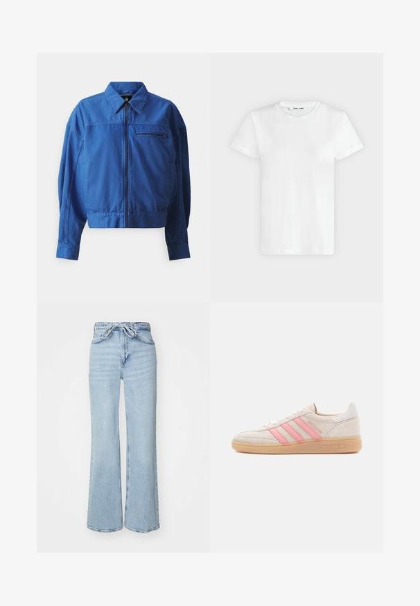 Blaue Jeansjacke mit durchgehendem Reißverschluss, Hemdkragen und langen Ärmeln. Mit einer Brusttasche und Nahtdetails. Glatte Textur.; Ein schlichtes weißes T-Shirt mit kurzen Ärmeln und Rundhalsausschnitt liegt flach auf einem hellgrauen Hintergrund, zeigt die Vorderseite mit einem Etikett im Halsausschnitt.; Helleblaue Denim-Jeans mit weitem Bein, hoher Taille und Kordelzugverschluss. Mit strukturierter Oberfläche und rohem Saum.; Beiger Wildleder-Sneaker mit pinkfarbenen drei Streifen an der Seite. Verfügt über eine strukturierte Gummisohle und einen weißen Fersenakzent. Minimalistisches Design.