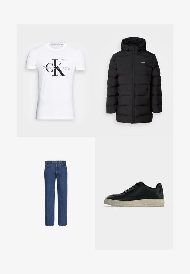 Schwarze Daunenjacke mit Reißverschluss vorne, Kapuze mit Kordelzug, gestepptem Muster und Markenlogo auf der linken Brust. Verfügt über Seitentaschen.; Weißes kurzärmeliges T-Shirt mit großem schwarzem "cK" und grauem "Calvin Klein Jeans" Textlogo auf der Vorderseite.; Blaue Jeans mit geradem Bein aus Denim, mit fünf Taschen, einem Knopf- und Reißverschluss sowie dezenter Verblassung am Stoff.; Schwarzer Ledersneaker mit schwarzen Schnürsenkeln und einer dicken beigen Gummisohle, seitlich auf einem weißen Hintergrund dargestellt.