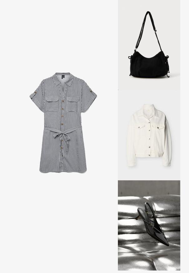Veste en denim blanc avec fermeture à boutons sur le devant, deux poches à rabat sur la poitrine avec boutons, manches longues et col pointu.; Chemise à boutons respirante avec des rayures verticales bleu marine et blanches. Elle présente deux poches poitrine, des manches courtes et une ceinture nouée à la taille.; Chaussure slingback noire en cuir verni à bout pointu avec petit talon reposant sur une surface capitonnée métallique argentée brillante.; Sac à épaule en velours côtelé noir avec une forme courbée, bandoulière réglable et fermetures à cordon des deux côtés pour un ajustement de taille.