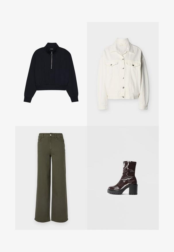 Hvid denimjakke med frontknaplukning, to brystlommer med klap og knapper, lange ærmer og en spids krave.; Sort cropped pullover lavet af blødt stof, med en høj krave, en frontlynlås med en sølvfarvet træk, og ribbede manchetter og kant.; Olivenfarvede brede jeans lavet af denim, med et klassisk fem-lomme design og lukning foran med knap. Glat tekstur, uden mønstre.; Glatte burgunder ankelstøvler med en chunky sort hæl, der har en glat tekstur og et simpelt design. Ingen synlige lukninger eller mønstre.