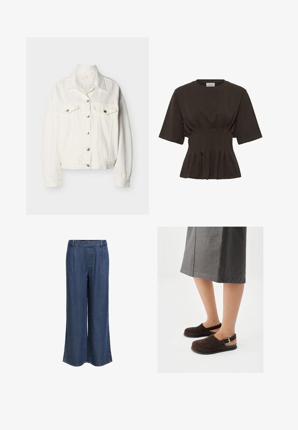 Veste en denim blanc avec fermeture à boutons sur le devant, deux poches à rabat sur la poitrine avec boutons, manches longues et col pointu.; Haut court à manches courtes de couleur marron foncé avec un col rond. Présente des détails plissés à la taille et une silhouette ajustée. Fabriqué en doux coton.; Pantalon en denim bleu foncé à jambe droite avec une taille élastique et des passants de ceinture, sans poches visibles, présenté sur un fond blanc.; Sabots en daim marron à dos ouvert, avec une boucle argentée et une semelle en caoutchouc noire. Les chaussures ont une texture lisse et une forme arrondie.