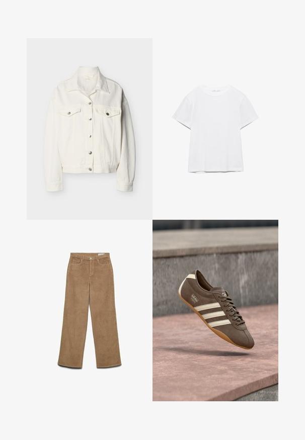 Veste en denim blanc avec fermeture à boutons sur le devant, deux poches à rabat sur la poitrine avec boutons, manches longues et col pointu.; T-shirt blanc uni à manches courtes et col rond, avec un ourlet droit, présenté sur un fond blanc.; Pantalons en velours côtelé marron à jambes larges avec une surface texturée, deux poches avant, une fermeture à bouton et une étiquette à la taille.; Baskets en daim marron avec des rayures blanches et un logo, dotées d'un bout rond et d'une semelle en caoutchouc gomme, suspendues au-dessus d'une surface texturée.