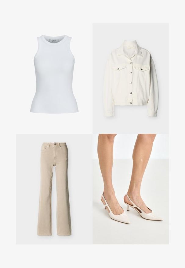 Witte denimjas met knoopsluiting aan de voorkant, twee borstzakken met klep en knopen, lange mouwen en een puntige kraag.; Witte geribde tanktop met een ronde halslijn en zonder mouwen. Heeft een slim fit en een zachte textuur, geschikt voor lagen.; Beige jeans met hoge taille, voorste knoop- en ritssluiting, vijf zakken en een licht uitlopende pijp, afgebeeld op een effen achtergrond.; Beige gepatineerde leren slingback hakken met een spitze neus en een hak van 5 cm, met uitsparingen aan de zijkanten en een dunne enkelband.