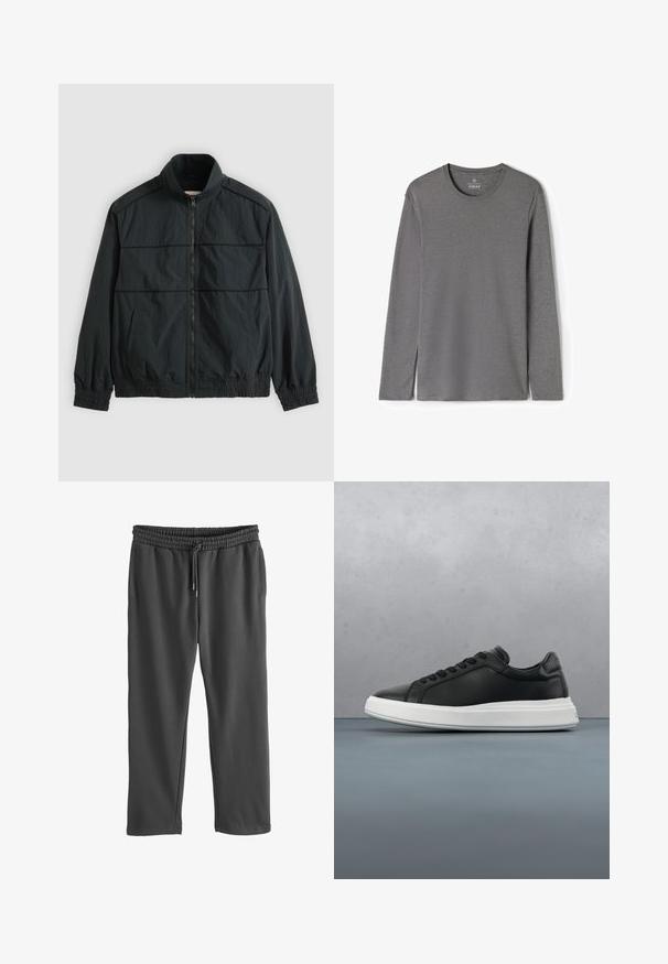 Schwarze leichte Jacke mit Reißverschluss, Stehkragen, langen Ärmeln, elastischen Bündchen und Saum sowie zwei Fronttaschen.; Schlichtes graues Langarmshirt mit Rundhalsausschnitt, flach hingelegt, Vorderansicht mit einfachem Design und ohne sichtbare Muster oder Logos.; Graue Sweatpants mit elastischem Bund und verstellbarem Kordelzug. Aus weichem Material gefertigt, mit seitlichen Taschen und lockerer Passform.; Schwarze Ledersneaker mit glatter Oberfläche, weißer Gummisohle, rundem Design, sechs Ösen für die Schnürsenkel und dezentem Branding an der Ferse.