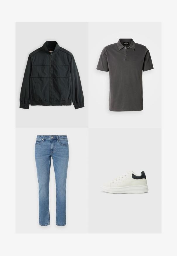 Veste légère noire à fermeture éclair avec col montant, manches longues, poignets et ourlet élastiques, et deux poches frontales.; Polo shirt gris foncé en coton doux. Il présente un col avec deux boutons, des manches courtes et un ourlet droit.; Jean en denim bleu à jambes droites avec poches avant, passants de ceinture et fermeture à bouton.; Baskets en cuir blanc avec un accent noir au talon, bout rond, semelle blanche plate et fermeture à lacets. Perforations minimales sur les côtés.