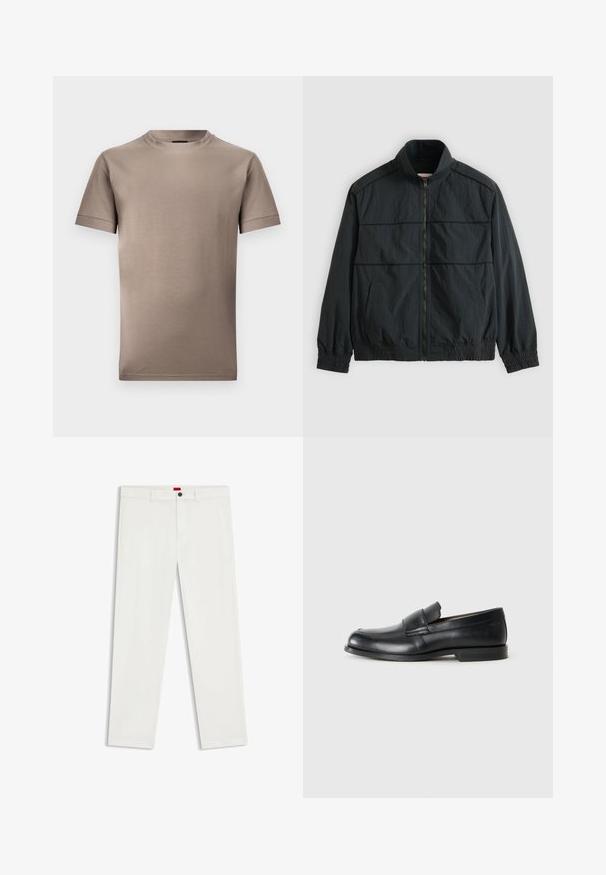 Sort letvægts jakke med lynlås, ståkrave, lange ærmer, elastiske manchetter og kant samt to forlommer.; Brun kortærmet t-shirt lavet af glat stof, med en rund halsudskæring og kantede ærmer med et rent, enkelt design.; Hvitor bukser lavet af bomuldsblandingsstof, med et lige ben design, forlommer og en enkelt sort knap i taljen.; Sorte læder loafers med rund tå, syet detaljer og en flad gummisål. Har en bred rem over vristen.