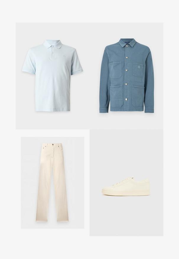 Veste en coton bleu avec devant à boutons, col avec revers, quatre poches avant et une petite écusson de marque sur la poche supérieure gauche.; Polo à manches courtes bleu clair avec col, deux boutons sur la patte de boutonnage et logo discret sur la poitrine gauche.; Pantalon droit écru avec passants de ceinture, bouton sur le devant, fermeture éclair et poches latérales, présenté sur un fond uni.; Baskets couleur crème avec une tige en cuir lisse, bout arrondi, laçage à l'avant et semelle en caoutchouc texturée. Design minimaliste, sans logo.