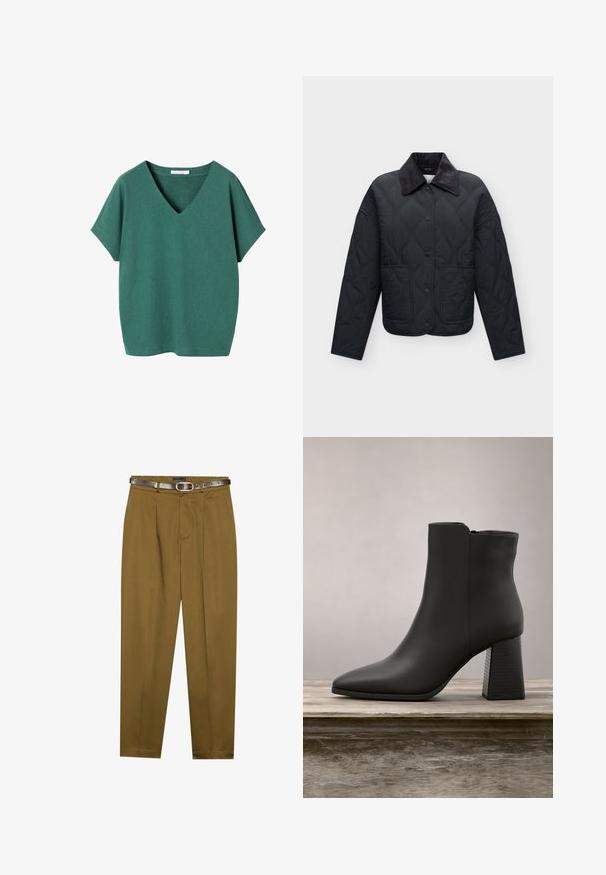 Veste matelassée noire avec manches longues, boutons-pression à l’avant, deux poches avant et un col en velours côtelé texturé.; T-shirt vert manches courtes en V, coupe ample avec un ourlet droit, présenté sur fond blanc.; Pantalons marron ajustés avec une taille plissée et une ceinture bien ajustée. Ceinture en cuir brun foncé incluse, dotée d'une boucle ronde.; Bottines en cuir noir à bout pointu et talon bloc, présentant une section texturée noire et une surface supérieure lisse.