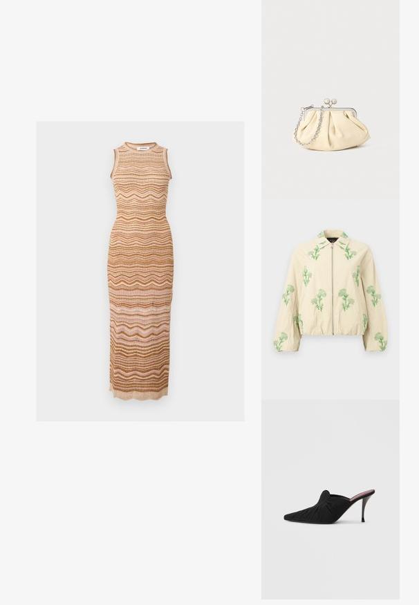 Veste beige zippée avec ourlet et poignets élastiques, ornée de motifs floraux verts brodés sur les manches, le col et le devant.; Robe longue en maille sans manches avec des rayures ondulées aux tons terreux beige, marron et rose clair, avec un col rond.; Mule noir à talon haut avec bout pointu, tissu doux à texture froncée sur le devant et talon aiguille fin.; Pochette en cuir beige plissé avec un cadre en métal argenté, dotée de deux fermoirs ronds décoratifs et d'une chaîne en argent.