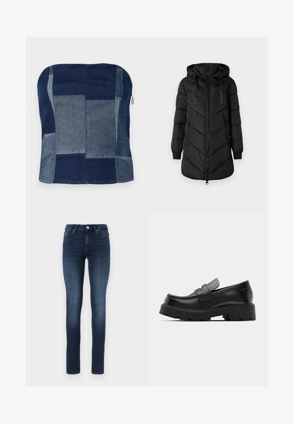 Doudoune noire avec capuche, fermeture zippée et motif en chevrons. Comprend des poignets élastiques et deux poches latérales.; Top en denim sans bretelles marine, avec un design en patchwork de teintes variées, une texture lisse et un détail de fermeture éclair sur le côté.; Jean skinny bleu foncé en denim, avec un design classique à cinq poches, fermeture à bouton et un léger délavage au niveau des cuisses.; Mocassins en cuir noir avec une semelle épaisse et texturée, dotés d'une sangle sur le vamp et d'une finition lisse et polie.