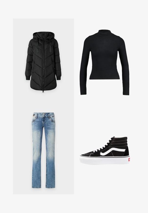 Schwarze Pufferjacke mit Kapuze, Reißverschluss und Chevron-Muster. Zu den Merkmalen gehören elastische Bündchen und zwei seitliche Taschen.; Schwarzes Langarm-Turtleneck-Oberteil aus geripptem Stoff, mit einer taillierten Passform und schlanker Silhouette. Keine Muster oder Akzente.; Helleblaue Denim-Jeans mit geradem Bein, ausgestattet mit einem Fünf-Knopf-Verschluss, Fronttaschen und dezenten Ausbleichungen.; Schwarze High-Top-Sneaker mit weißen Schnürsenkeln, einem weißen Logo und kontrastierendem weißen Nähten. Verfügt über eine dicke weiße Sohle und ein strukturiertes Wildleder-Obermaterial.