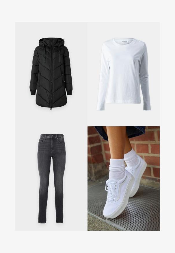 Doudoune noire avec capuche, fermeture zippée et motif en chevrons. Comprend des poignets élastiques et deux poches latérales.; T-shirt blanc à manches longues en coton doux. Il présente un col rond et des manches ajustées. Texture lisse avec un design uni.; Jean skinny taille haute en denim gris foncé, texture lisse, avec poches avant et bouton en métal à la taille.; Baskets en toile blanches avec semelles en caoutchouc, dotées de six œillets, d'un bout rond et de détails de couture légers, portées avec des chaussettes blanches mi-mollet.
