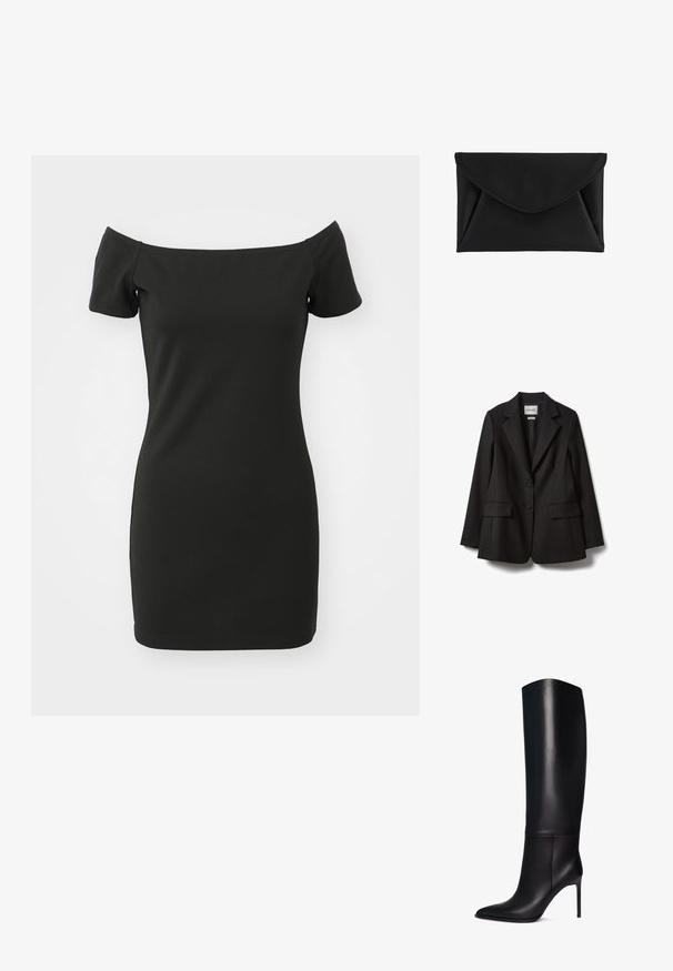 Schwarzer Blazer aus leicht strukturiertem Stoff, mit strukturierten Schultern, zwei Knöpfen vorne und zwei Vordertaschen. Verfügt über einen Reverskragen.; Schwarzes, schulterfreies Kleid aus dehnbarem Material, mit kurzen Ärmeln und taillierter Silhouette. Glatte Textur ohne Muster.; Knöchelhohe schwarze Leder-Stiletto-Stiefel mit spitzem Zeh. Glatte Textur, strukturiertes Design und schmaler hoher Absatz. Keine sichtbaren Beschläge oder Muster.; Schwarze Clutch im Umschlagstil mit spitz zulaufender Klappe und sichtbarer Naht auf weißem Hintergrund.