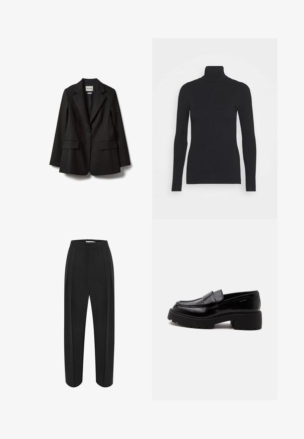 Schwarzer Blazer aus leicht strukturiertem Stoff, mit strukturierten Schultern, zwei Knöpfen vorne und zwei Vordertaschen. Verfügt über einen Reverskragen.; Schwarzer gerippter Rollkragenpullover, der lange Ärmel und eine figurbetonte Silhouette bietet. Die Textur ist glatt mit einem horizontalen Rippenmuster.; Schwarze weit geschnittene Hose mit hoher Taille, aus einem glatten Material und mit zwei vorderen Falten. Entworfen in einem klaren, maßgeschneiderten Schnitt.; Schwarzer glänzender Lederloafer mit grober Sohle und niedrigem Blockabsatz, seitlicher Naht und einem breiten Riemen oben.