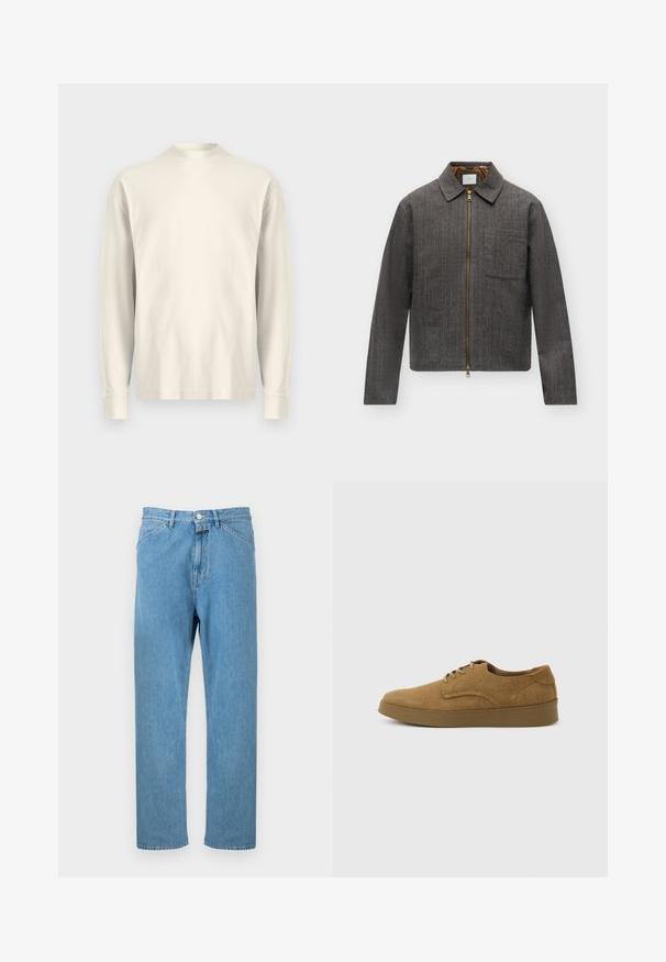 Donkergrijze jas met ritssluiting, puntkraag en borstzak, afgebeeld tegen een effen witte achtergrond.; Langsleeve, shirt met hoge kraag van lichtroom katoen. Gladde textuur, relaxed fit, minimalistisch ontwerp, geen zichtbare patronen of accenten.; Lichtblauwe spijkerbroek met een rechte pijp, vijfzakkenontwerp en een knoopsluiting aan de tailleband. Geen zichtbare patronen of versieringen.; Bruine suède veterschoen voor vrijetijdskleding met een platte rubberen zool, zijaanzicht tegen een eenvoudige lichte achtergrond.