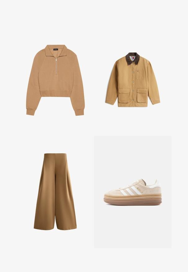 Beige Baumwolljacke mit braunem Cordkragen, Knopfleiste und drei Fronttaschen. Minimalistisches Branding auf der Brusttasche.; Even&Odd Sweatshirt - tan; Braune Culotte-Hose mit hoher Taille und weitem Bein, aus glattem Stoff gefertigt, mit klaren Vorderseitennaht-Details, vor weißem Hintergrund präsentiert.; Beige Wildleder-Sneaker mit weißen Lederakzenten, versehen mit drei weißen Streifen, einem goldenen Logo und einer dicken, durchsichtigen Gummisohle.