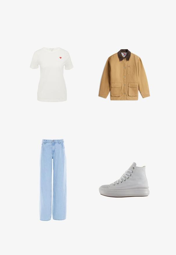 Veste en coton beige avec col en velours côtelé brun, fermeture à boutons et trois poches avant. Présente un marquage minimal sur la poche de la poitrine.; T-shirt en coton blanc à manches courtes, avec un col rond, présentant un petit cœur rouge brodé sur la partie gauche de la poitrine.; Jeans larges bleu clair en tissu denim. Dotés d'une fermeture à bouton et à zip, de cinq poches et de coutures visibles.; Baskets montantes en toile blanche avec lacets blancs, œillets métalliques, semelle épaisse en caoutchouc et bout texturé, orientées vers la gauche sur fond blanc.