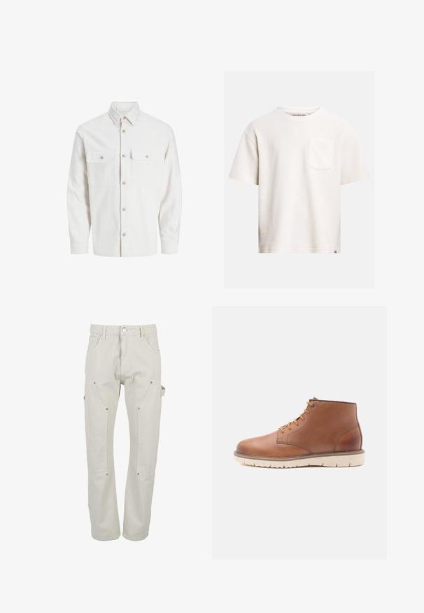 Lichtgekleurde button-up shirt gemaakt van textuurstof, met twee borstzakken, een kraag en knoopsluiting aan de voorkant.; Wit T-shirt met korte mouwen en ronde hals, gestructureerde stof, en een borstzak aan de linkerkant, gemaakt van katoen.; Lichtbeige cargobroek gemaakt van duurzaam katoen. Voorzien van meerdere zakken, drukknoopsluitingen en een rechte pijp.; Bruine leren enkellaarsjes met een ronde neus, zes veterogen, oranje accenten en een lichtbeige rubberen zool met een getextureerd profiel.