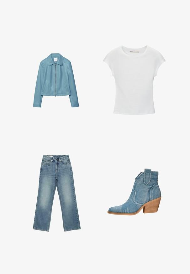 Hellblaues, kurz geschnittenes Lederjacke mit durchgehendem Frontreißverschluss, weitem Kragen, langen Ärmeln und zwei Vordertaschen.; Weißes Baumwoll-T-Shirt mit kurzen, aufgerollten Ärmeln, rundem Ausschnitt und geradem Saum. Glatte Textur ohne sichtbare Muster oder Akzente.; Blaue Jeans mit hoher Taille und geradem Bein, fünf Taschen, Knopfverschluss und dezenter ausgebleichter Waschung an den Vorderseiten der Oberschenkel.; Blaue Denim-Ankle-Boots mit spitzer Zehenform, distressed Textur und einem blockartigen Holzabsatz. Verfügt über seitliche Schlaufen für ein einfaches Anziehen.