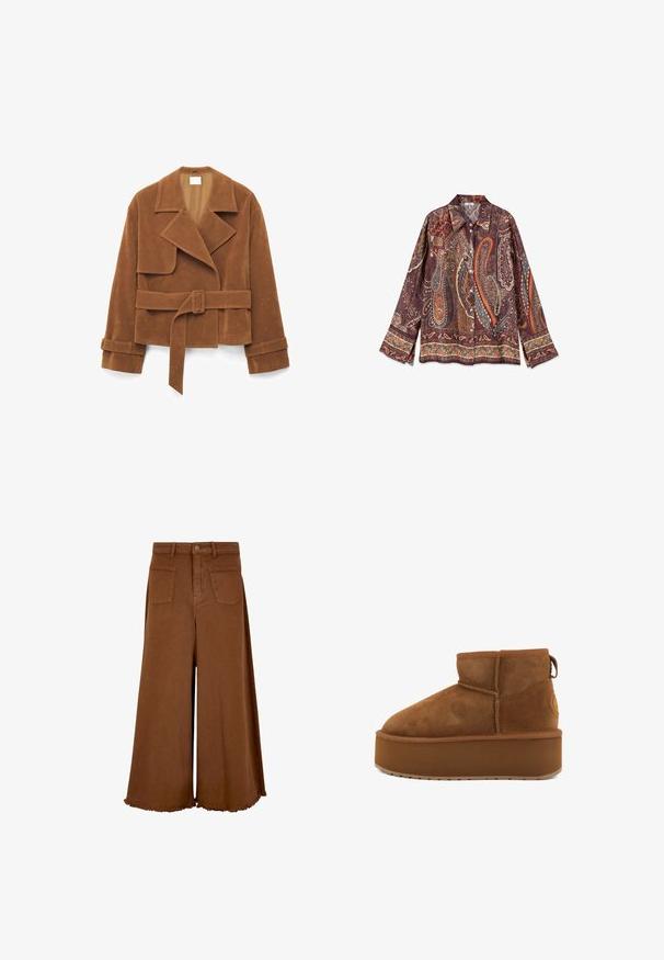 Brun ruskindjakke med bælte, brede revers, lange ærmer med remdetaljer og en let cropped pasform.; Langærmet skjorte med knapper og bred krave, med et detaljeret paisley mønster i brune, orange, blå og beige toner.; Brune brede bukser med en frynset kant, lavet af bomuldsstof, med frontknaplukning og to baglommer.; Brune ruskindsankelstøvle med en rund tå og en platformsål. Har en lille hæl og en løkke for nem påtagning. Tekstureret overflade med syningsdetaljer.