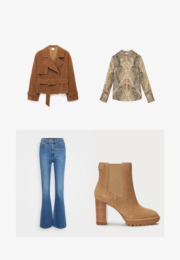 Brun ruskindjakke med bælte, brede revers, lange ærmer med remdetaljer og en let cropped pasform.; Langærmet skjorte med knapper og paisley-mønster i beige, olivengrøn og afdæmpede lilla nuancer, med spids krave og manchetter med knapper.; Blå denim jeans med bredde i bunden og høj talje, med stiklommer, metalknap og en glat struktur. Klassisk fem-lommes design.; Tan ruskindsankelstøvle med blokhæl, elastisk sidepanel og gummisål med et mønster for bedre greb.
