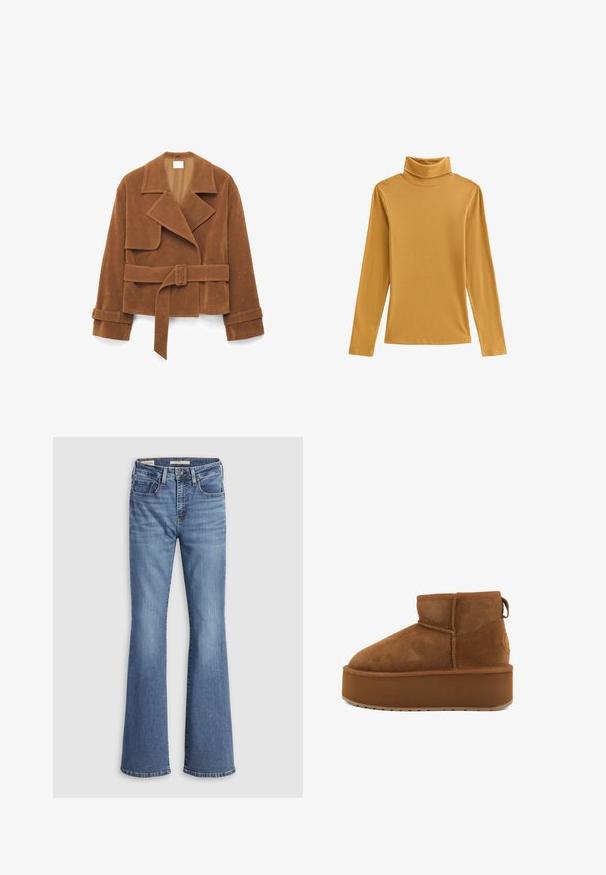 Brun ruskindjakke med bælte, brede revers, lange ærmer med remdetaljer og en let cropped pasform.; Sennepsgul turtleneck top af ribstrikket stof med lange ærmer og en tætsiddende pasform. Glat tekstur med høj hals.; Lyseblå denim jeans med vidde forneden og høj talje, med fem lommer, kontrastsyninger og en blød tekstur.; Brune ruskindsankelstøvle med en rund tå og en platformsål. Har en lille hæl og en løkke for nem påtagning. Tekstureret overflade med syningsdetaljer.