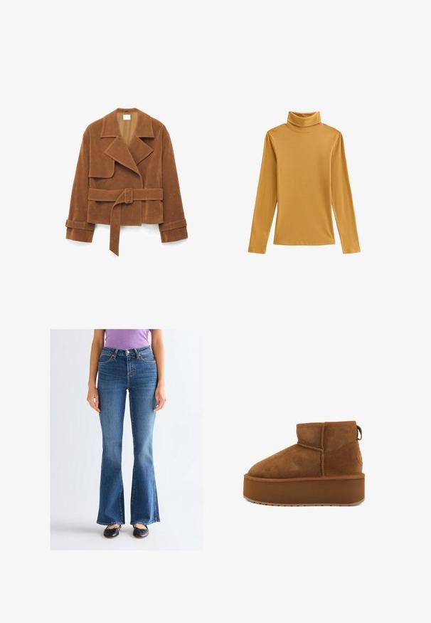 Brun ruskindjakke med bælte, brede revers, lange ærmer med remdetaljer og en let cropped pasform.; Sennepsgul turtleneck top af ribstrikket stof med lange ærmer og en tætsiddende pasform. Glat tekstur med høj hals.; Kvinde iført blå jeans med høj talje og bootcut, sorte ballet flats og en lilla kortærmet skjorte, står mod en ensartet lys baggrund.; Brune ruskindsankelstøvle med en rund tå og en platformsål. Har en lille hæl og en løkke for nem påtagning. Tekstureret overflade med syningsdetaljer.