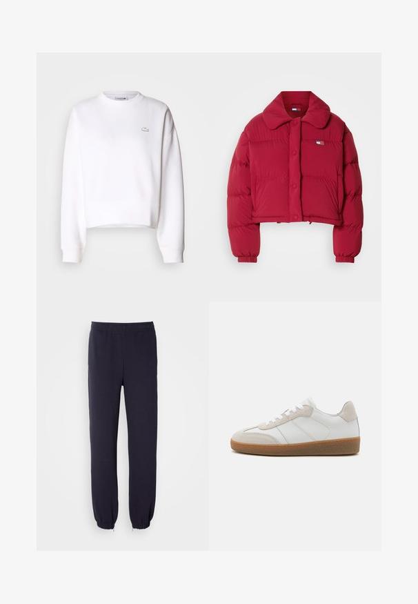 Rote cropped Pufferjacke aus glänzendem Material mit breitem Kragen, Druckknöpfen und elastischen Bündchen; hat ein Logopatch auf der linken Brust.; Weißer Cropped-Sweatshirt aus Baumwollmischung, mit Rundhalsausschnitt, langen Ärmeln, gerippten Bündchen und kleinem Lacoste-Logo auf der Brust.; Marineblaue Sweatpants mit einem elastischen Bund und gestrafften Säumen. Hergestellt aus weichem Stoff mit glatter Textur, ohne sichtbare Muster oder Verzierungen.; Weiße Leder-Sneaker mit beige Suede-Akzenten, strukturiertem Zungenbereich und Gummisohle. Verfügt über weiße Schnürsenkel und dezente eingestickte Details.