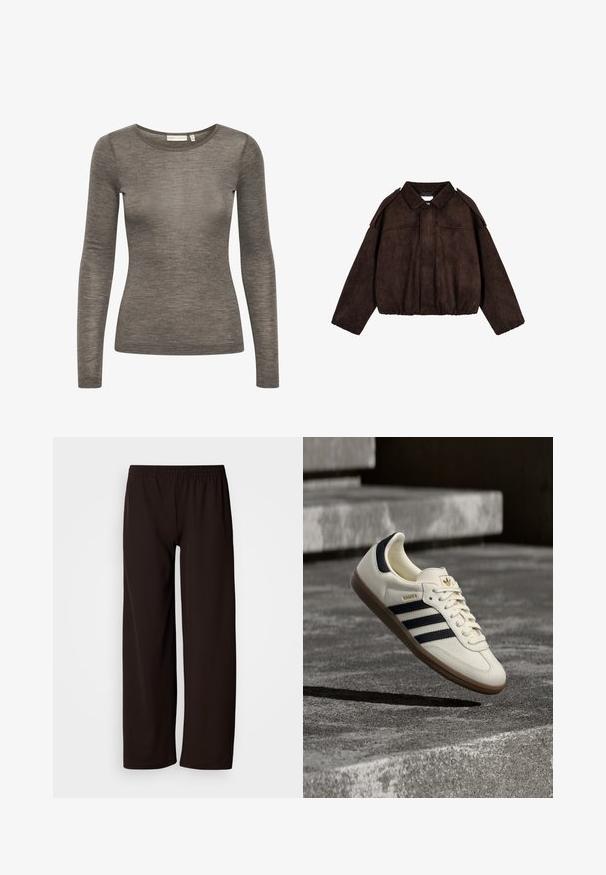 Veste cropped en suède synthétique marron avec un col, des accents aux épaules et un ourlet élastiqué. Présente une fermeture éclair à l'avant et des poches latérales.; Chemise à manches longues en tissu brun léger et doux. Dotée d'un col rond et d'une silhouette ajustée. Texture subtile avec un petit détail de logo.; Pantalon à taille élastique noire avec jambes larges et droites, fabriqué en tissu lisse, présenté sur un fond uni.; Baskets blanches Adidas Samba avec des bandes noires et une semelle en gomme, flottant au-dessus de marches en béton gris texturé.