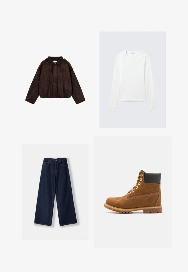 Bruine faux suede cropped jas met een kraag, schouderaccenten en een elastische zoom. Voorzien van een ritssluiting aan de voorkant en zijzakken.; Effen wit shirt met lange mouwen en ronde hals, slim fit, afgebeeld tegen een lichtgrijze achtergrond.; Donkerblauwe jeans met wijde pijpen, vooraan knoop- en ritssluiting, voorzakken en ceintuurlussen, plat neergelegd op een witte achtergrond.; Bruine suède enkellaars met zwarte gewatteerde kraag, gouden oogjes, vetersluiting aan de voorkant en een rubberen zool met een gestructureerd patroon.