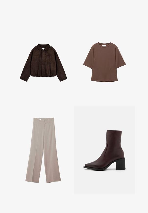 Veste cropped en suède synthétique marron avec un col, des accents aux épaules et un ourlet élastiqué. Présente une fermeture éclair à l'avant et des poches latérales.; Sweatshirt marron oversize à manches courtes avec col ras-du-cou et détails de couture visibles à l'avant et sur les épaules sur fond blanc.; Pantalon beige à jambes larges avec plis devant, fermeture par boutons, passants pour ceinture et sans poches visibles, présenté sur un fond blanc.; Zign LEATHER - Bottines - bordeaux