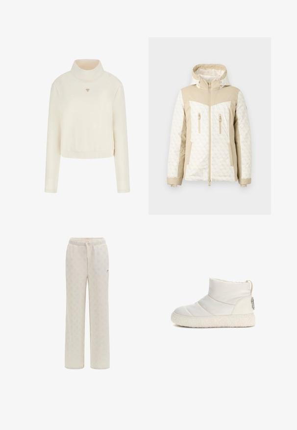 Beige gemusterte Winterjacke mit Kapuze, die eine glatte Textur, einen Frontreißverschluss und zwei seitliche Reißverschluss-Taschen aufweist.; Guess Sweatshirt - crema; Cremfarbene Jogginghose aus weichem Material, mit einem dezenten Allover-Muster und einem elastischen Bund mit Kordelzug. Logo-Akzent an der Seite.; Weiße Knöchelstiefel mit gepolstertem Design, ausgestattet mit einer strukturierten Gummisohle und einem dekorativen Akzent an der Ferse. Glattes synthetisches Material.